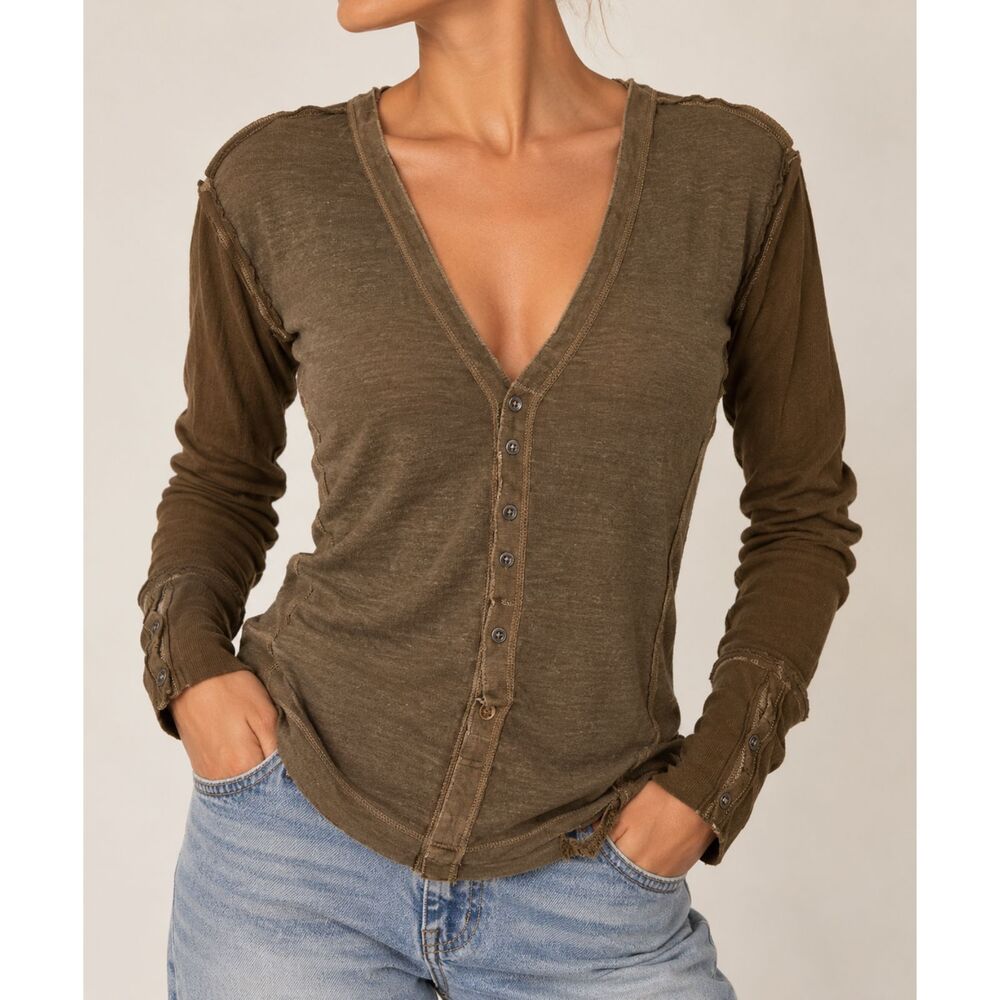We The Free People Jamie Henley Top Large Brown Olive Green Boho Grunge Utility